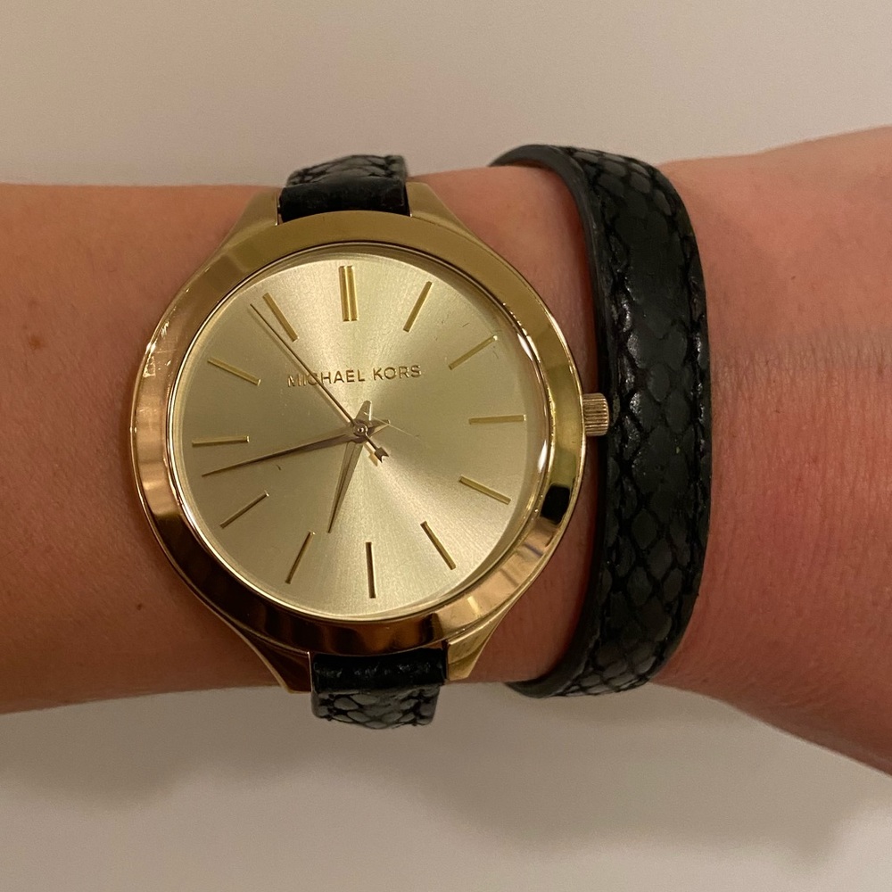 Michael Kors Black Leather Slim Runway Gold Tone Double Wrap Watch